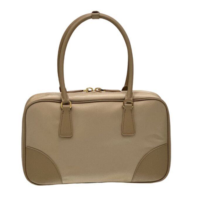 Prada Medium Double Handle Bag | Glossy Leather & Nylon with Gold Logo - Image 2
