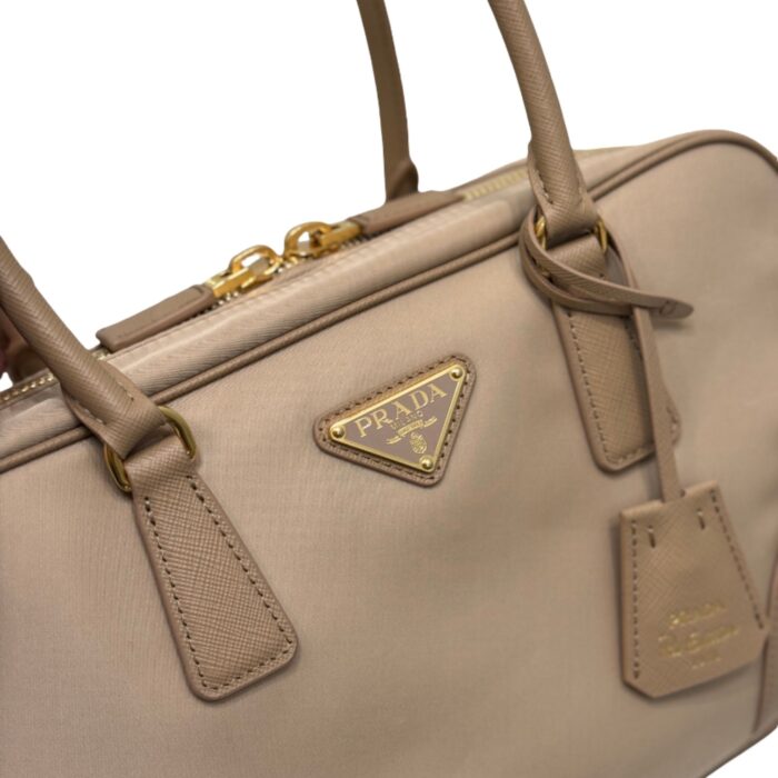 Prada Medium Double Handle Bag | Glossy Leather & Nylon with Gold Logo - Image 3