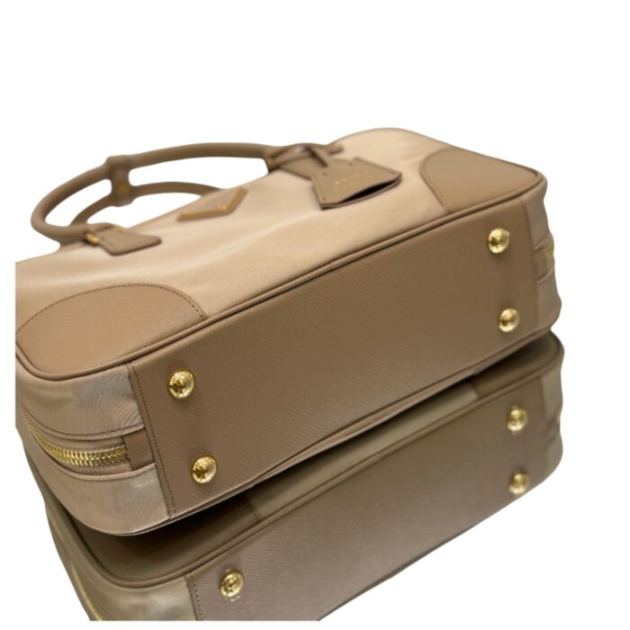 Prada Medium Double Handle Bag | Glossy Leather & Nylon with Gold Logo - Image 4
